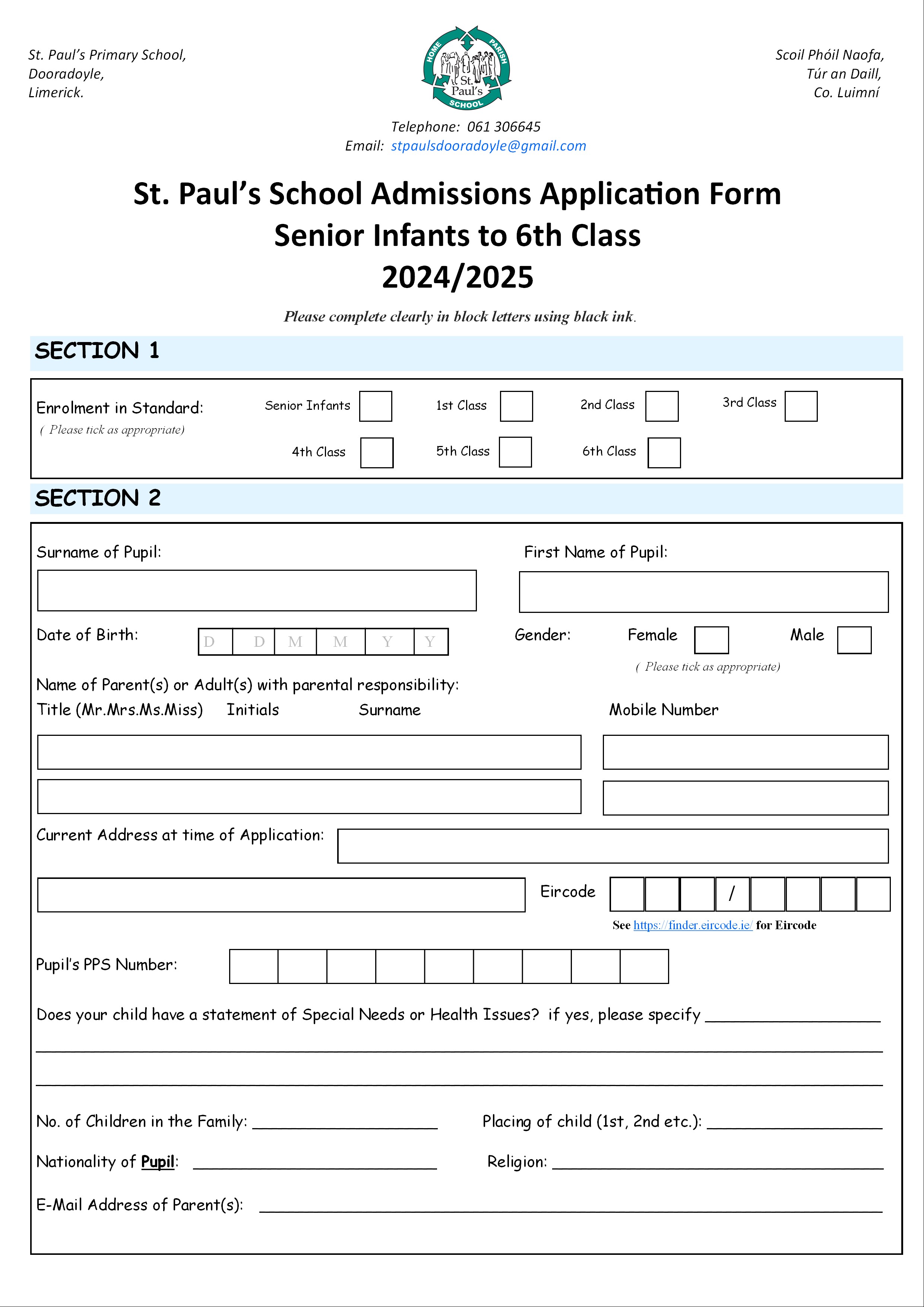 Senior Infants - Sixth Class Enrolment Form
